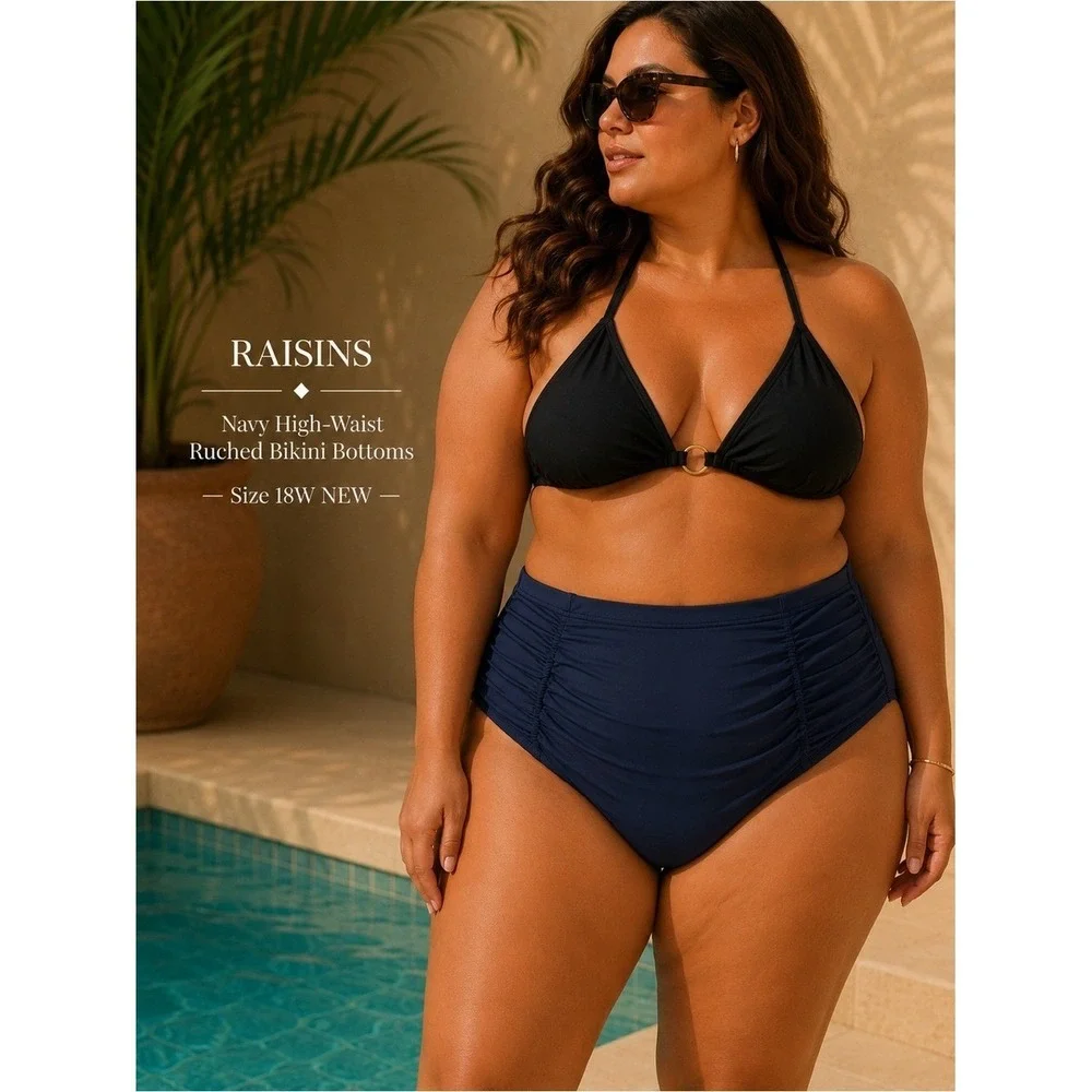 Raisins‎ Navy High-Waist Ruched Bikini Bottoms NEW Size 18W